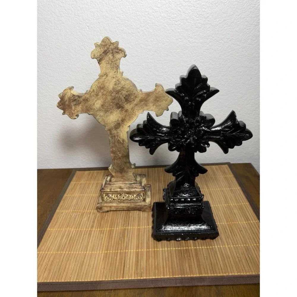 Heavy Distressed Fleur De Lis Cross Tabletop Accent Victorian Gothic Lot Of 2